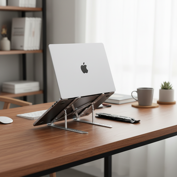 Laptop on a stand on a wooden desk