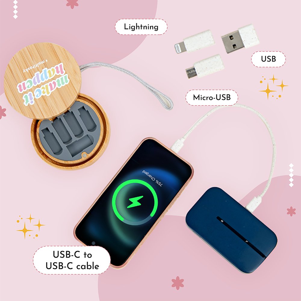 Make It Happen 6 - in - 1 Multi - USB Bamboo Charging Adapter Cable Kit - Multitasky