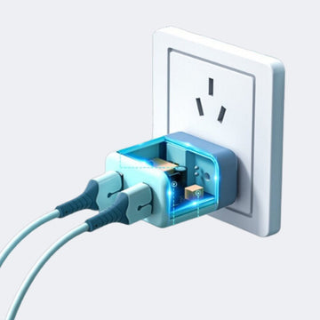 Blue Fast-Charging Charger Plugged Into Wall - Multitasky