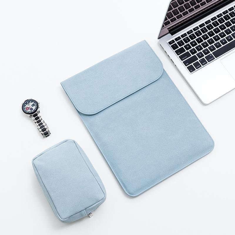 Custom leather laptop sleeve with pouch in blue
