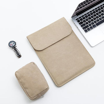 Custom leather laptop sleeve with pouch in beige