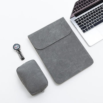Custom leather laptop sleeve with pouch in gray