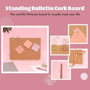 Standing Bulletin Cork Board with Rose Gold Clips- Multitasky