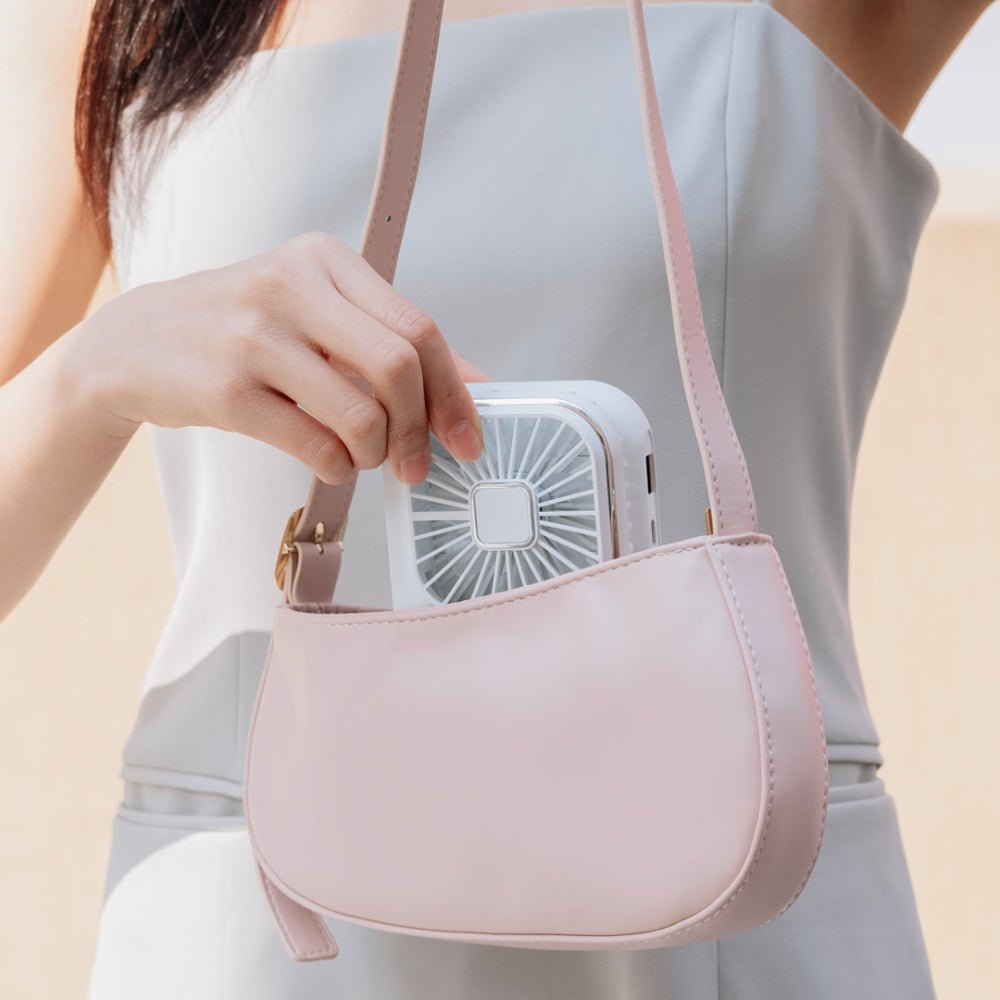 Storing Portable Personal Fan & Power Bank In Purse - Multitasky