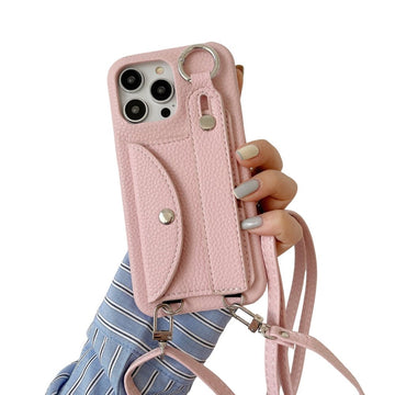 Sleek Leather Phone Case with Strap in Blush Pink - Multitasky