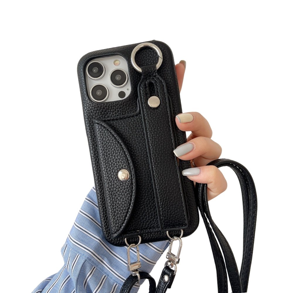 Sleek Leather Phone Case with Strap in Black - Multitasky