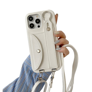Sleek Leather Phone Case with Strap in Cream White - Multitasky