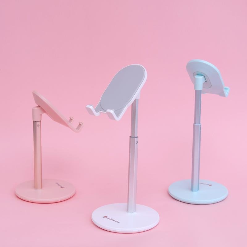 Adjustable cell phone stand for desk in blue, pink, and white