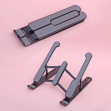 The portable laptop stand when in-use and folded -  in black 