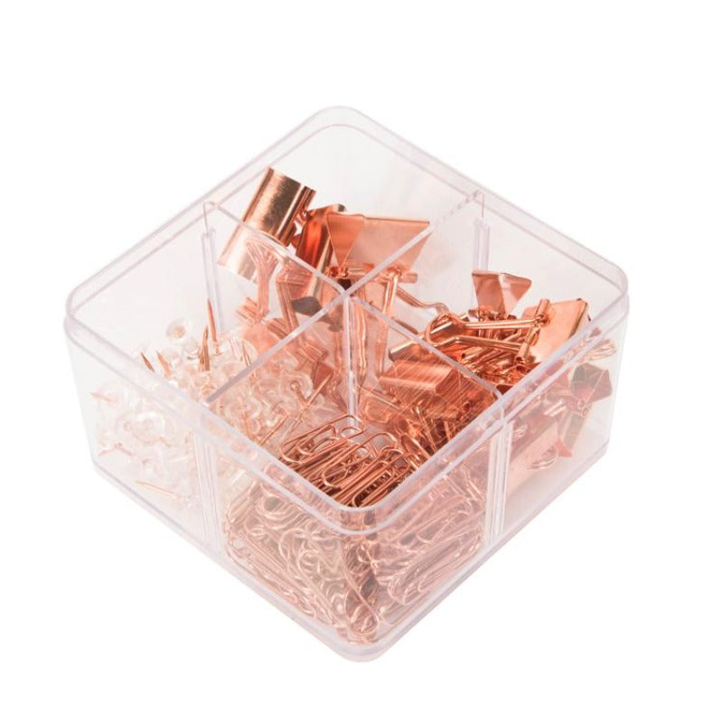 Rose gold paper clips, binder clips, and push pins