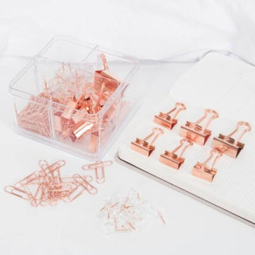 Rose gold paper clips, binder clips, and push pins