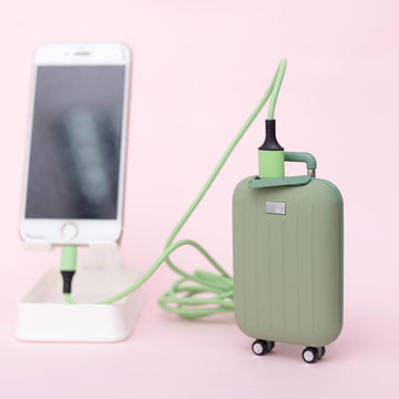 Cute power bank for travel with hand warmer shaped like a suitcase in green