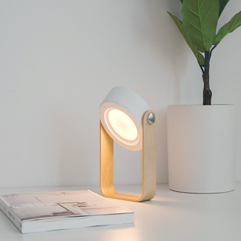The collapsible lantern lamp on the table beside the magazine and a plant
